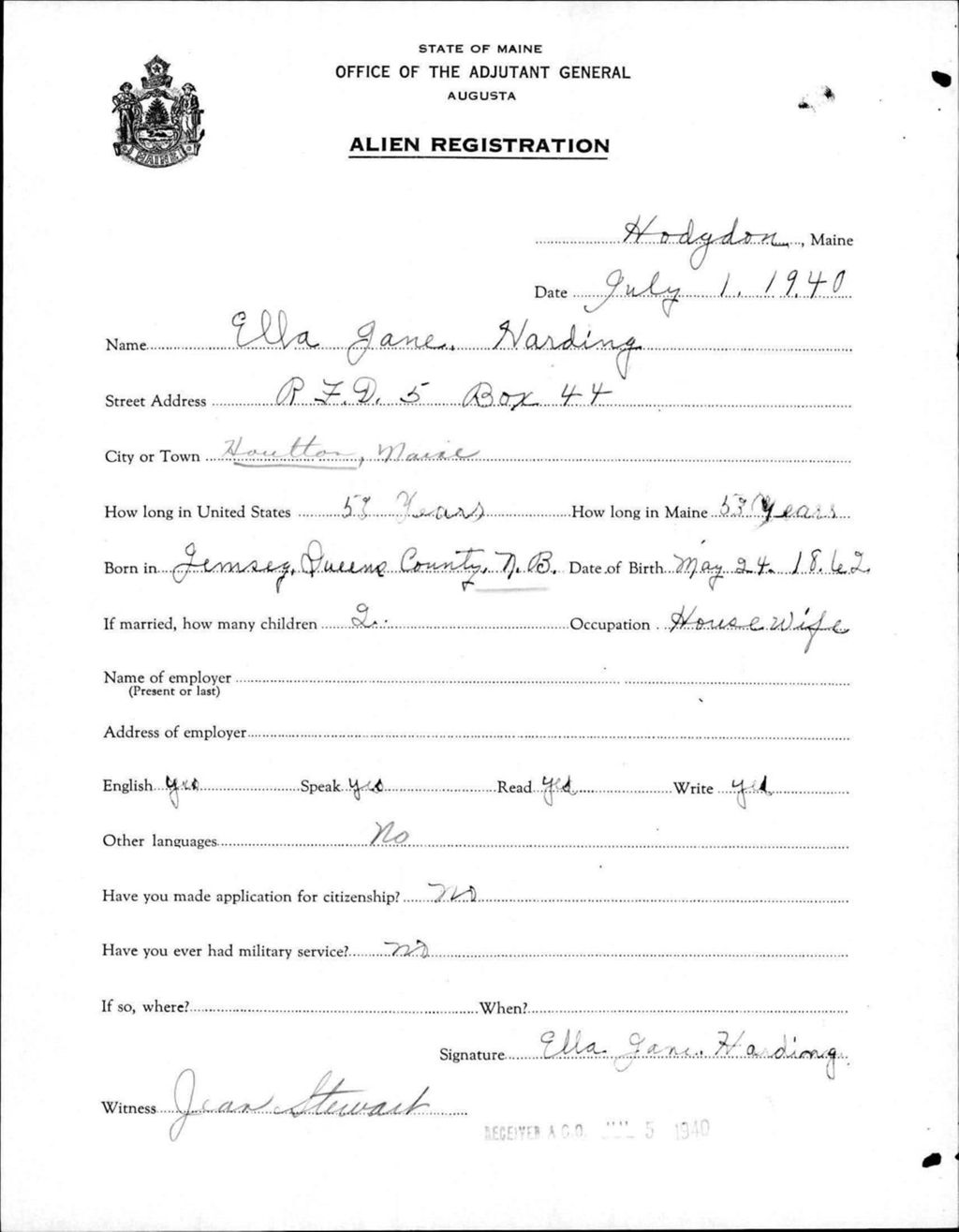 Miniature of Alien Registration- Harding, Ella J. (Houlton, Aroostook County)