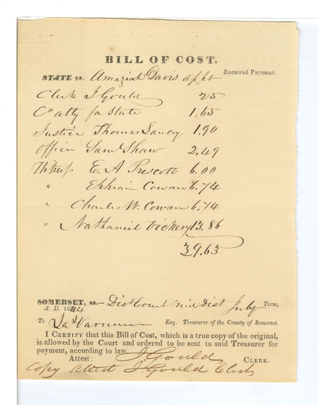 Miniature of Bill of Cost, State vs. [Amaziah Davis apartments?]