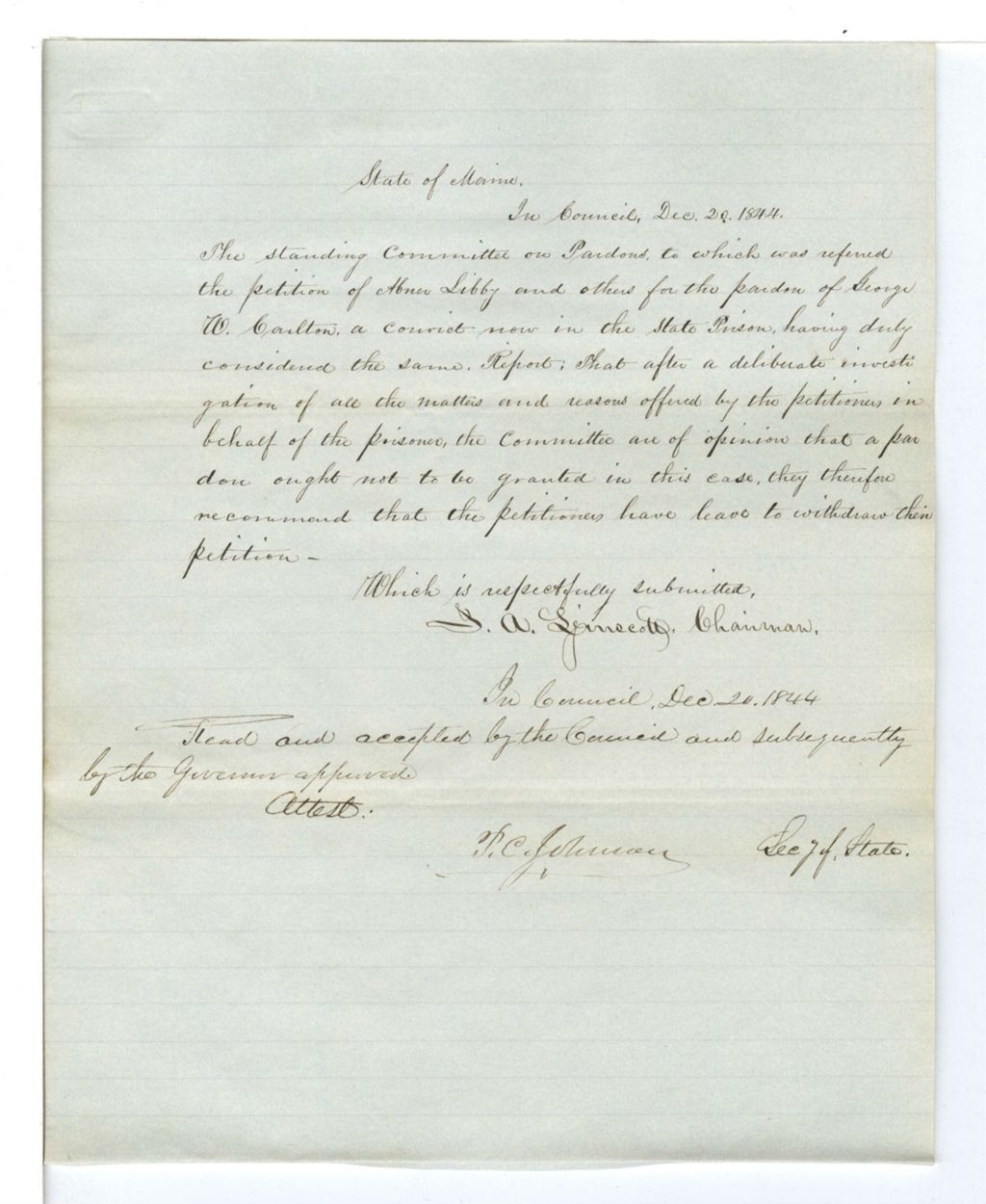 Miniature of Report 241: Report on the petition of Abner Libby and others for the pardon of George W. Carlton for adultery with Abigail Howard