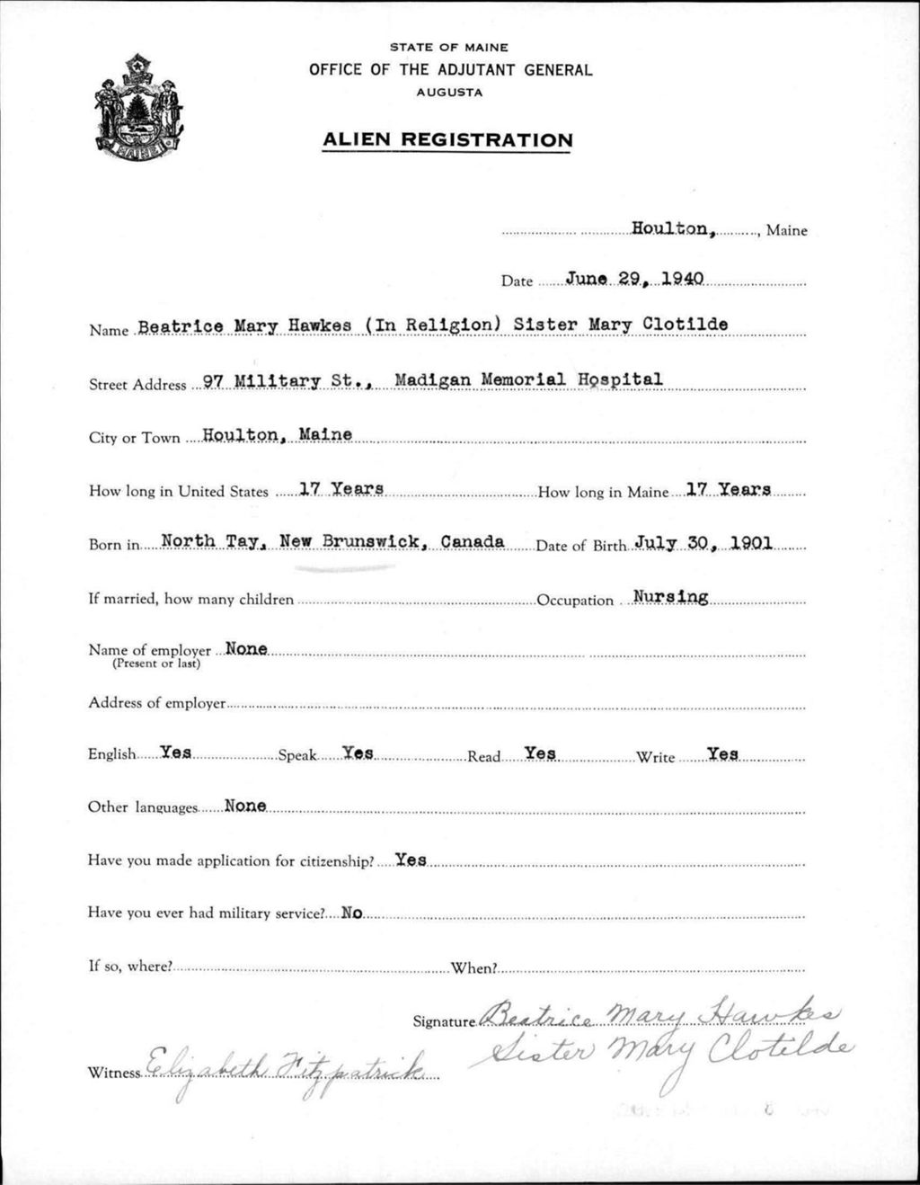 Miniature of Alien Registration- Hawkes, Beatrice M. (Houlton, Aroostook County)