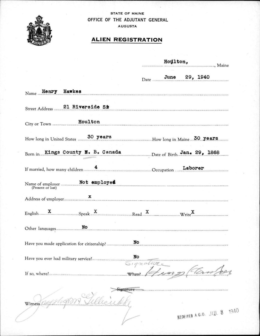 Miniature of Alien Registration- Hawkes, Henry (Houlton, Aroostook County)