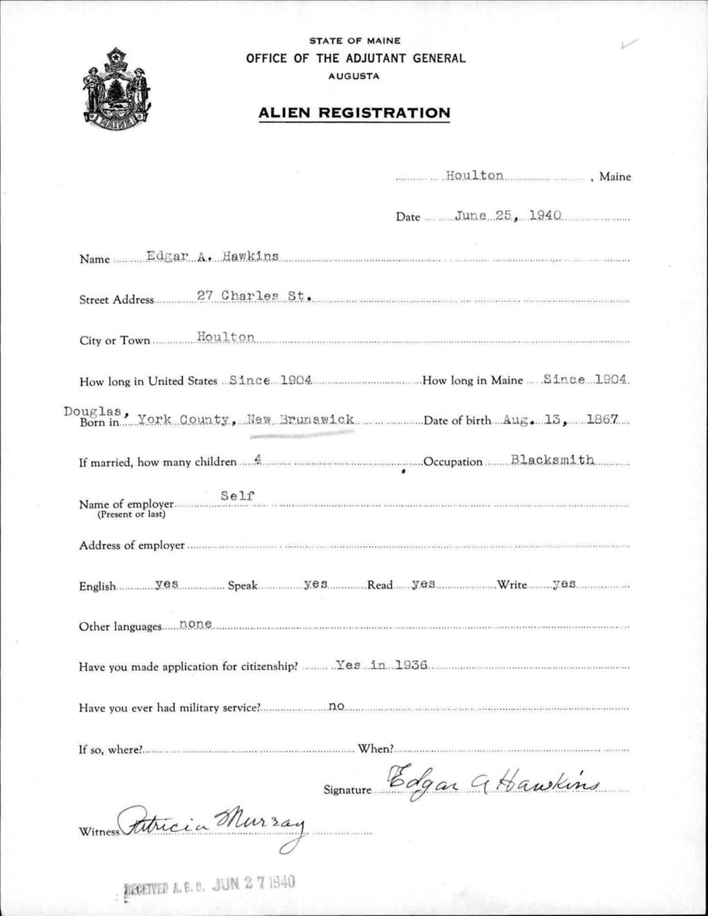 Miniature of Alien Registration- Hawkins, Edgar A. (Houlton, Aroostook County)