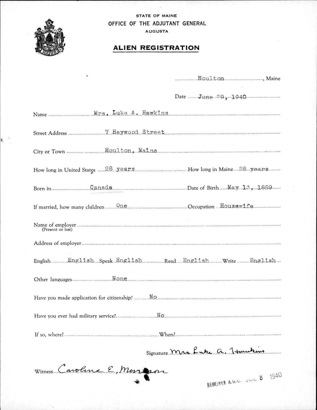 Miniature of Alien Registration- Hawkins, Luke A. (Houlton, Aroostook County)