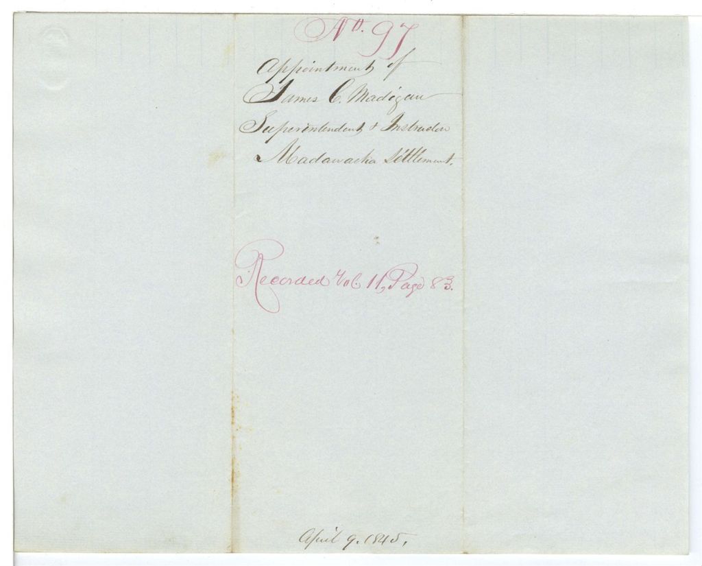 Miniature of Report 97: Report on the appointment of James C. Madigan, Superintendent and Instructor at Madawaska Settlement