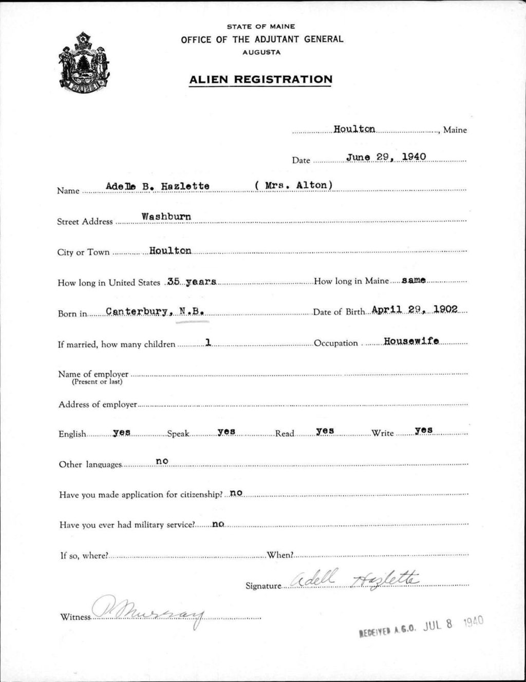 Miniature of Alien Registration- Hazlette, Adele B. (Houlton, Aroostook County)