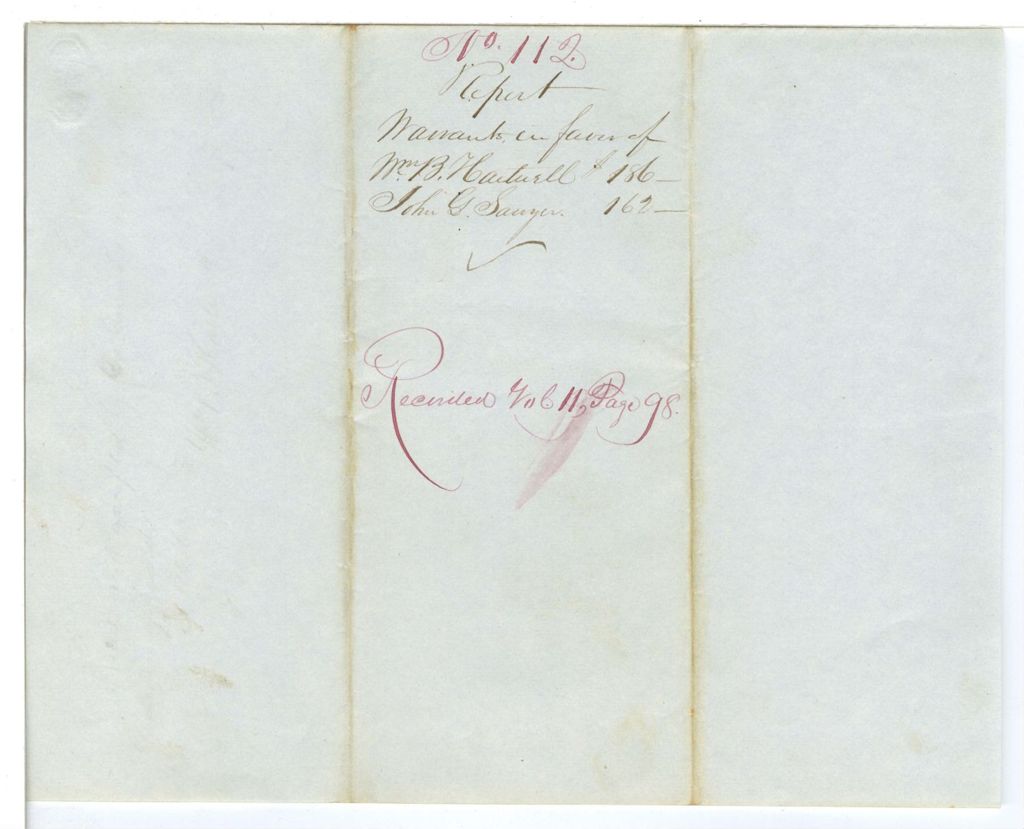 Miniature of Report 112: Report on the warrants in favor of William B. Hartwell and John G. Sawyer for clerk hire in the Secretary of State's Office
