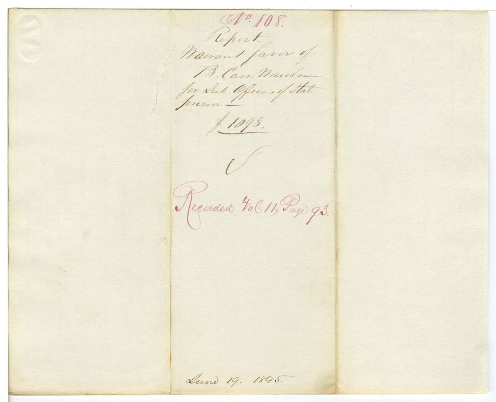 Miniature of Report 108: Report on the warrant in favor of Benjamin Carr, Warden of the State Prison, for salaries of subordinate officers