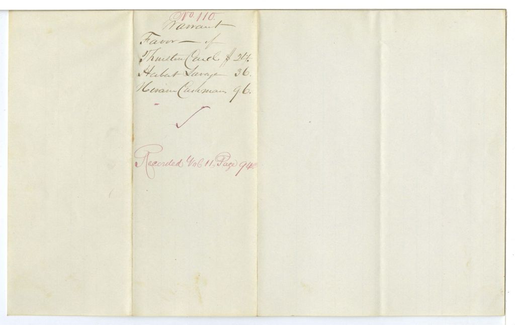 Miniature of Report 110: Report on the warrants in favor of Thurston Card, Herbert Savage, and Hiram Cushman for pensions