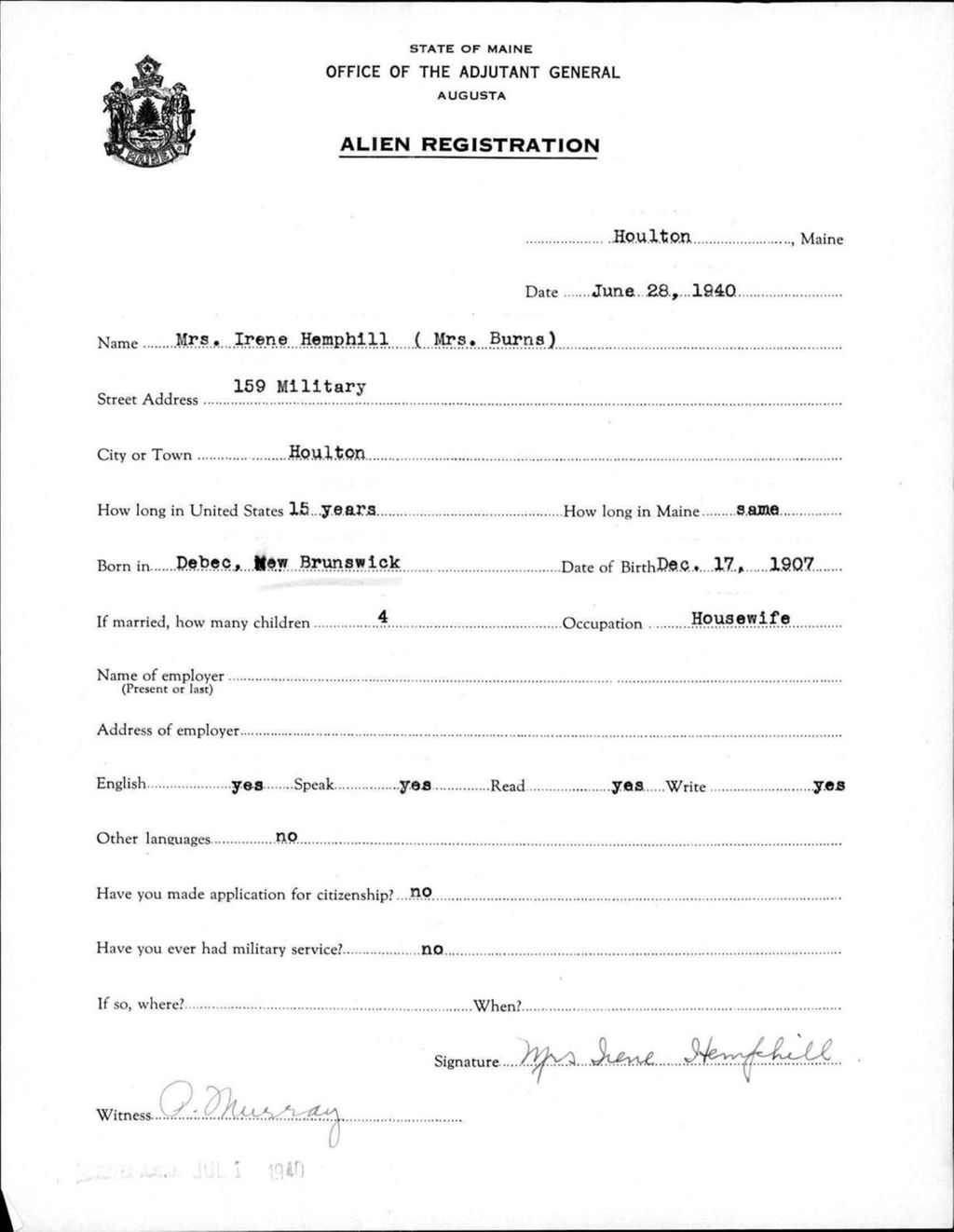 Miniature of Alien Registration- Hemphill, Irene (Houlton, Aroostook County)