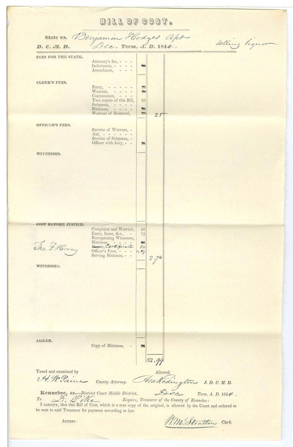 Miniature of Bill of Cost, State v. Benjamin Hodges [Apt?]