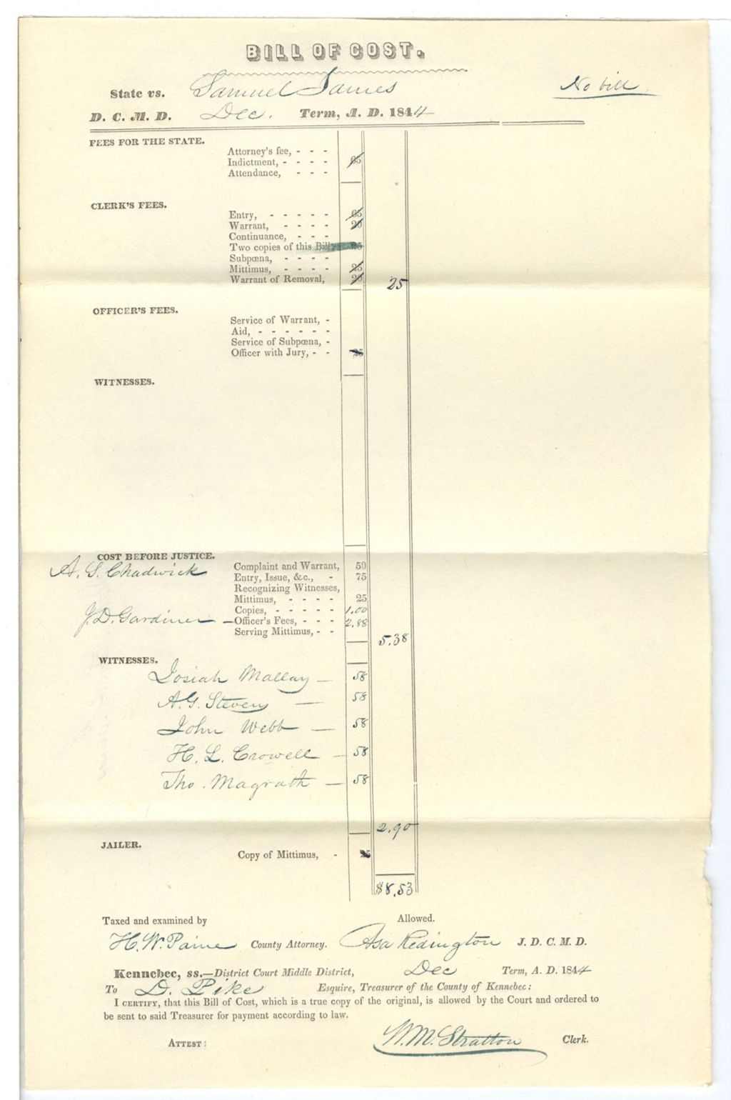 Miniature of Bill of Cost, State v. Samuel James