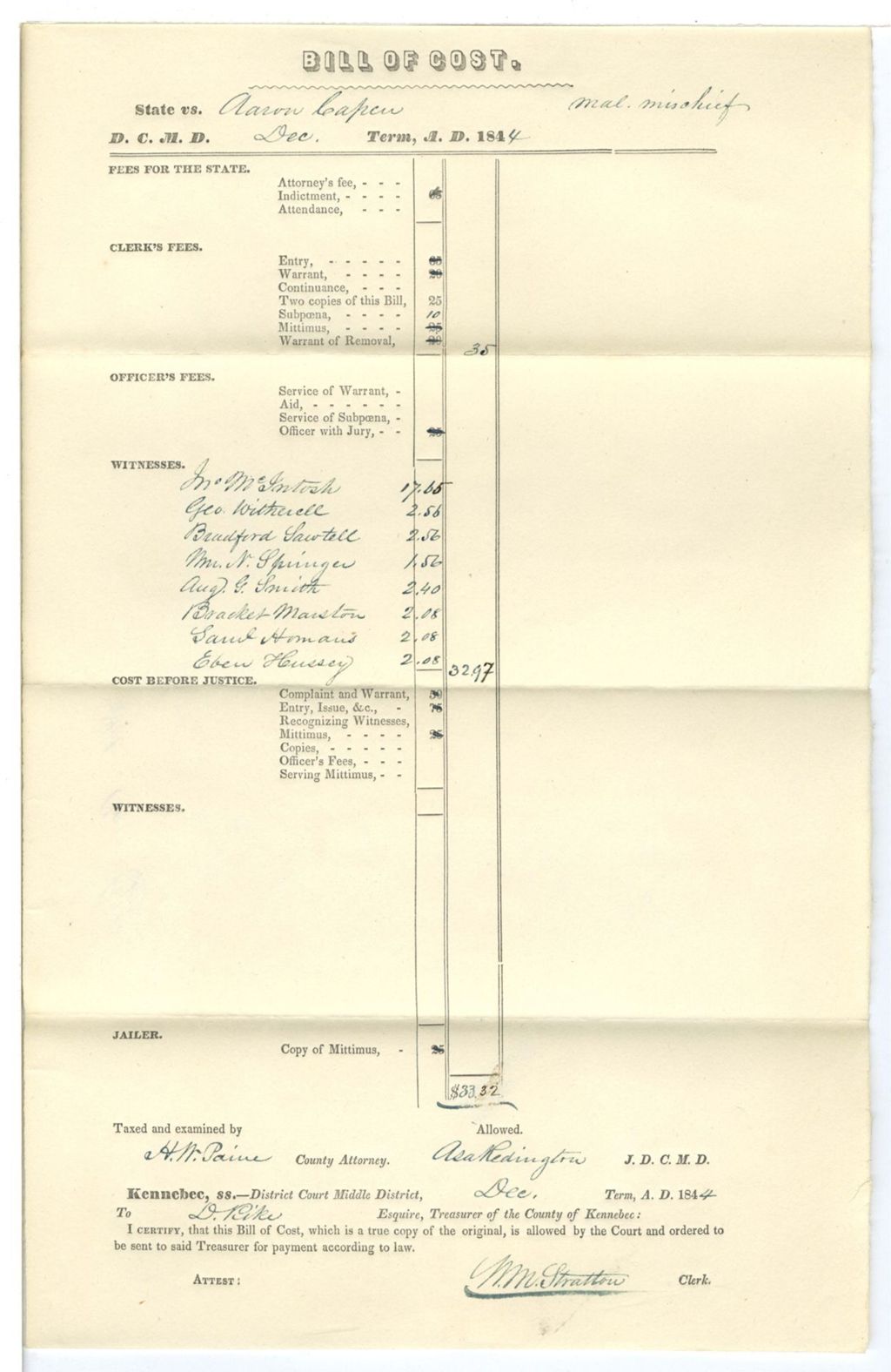 Miniature of Bill of Cost, State v. Aaron Capen