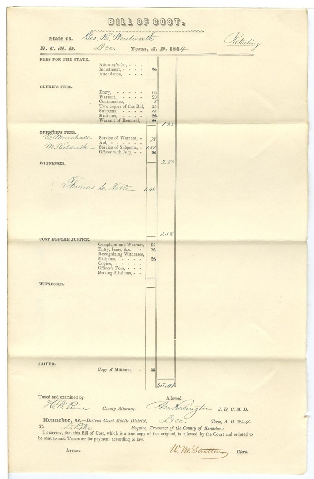 Miniature of Bill of Cost, State v. George Robert Wentworth