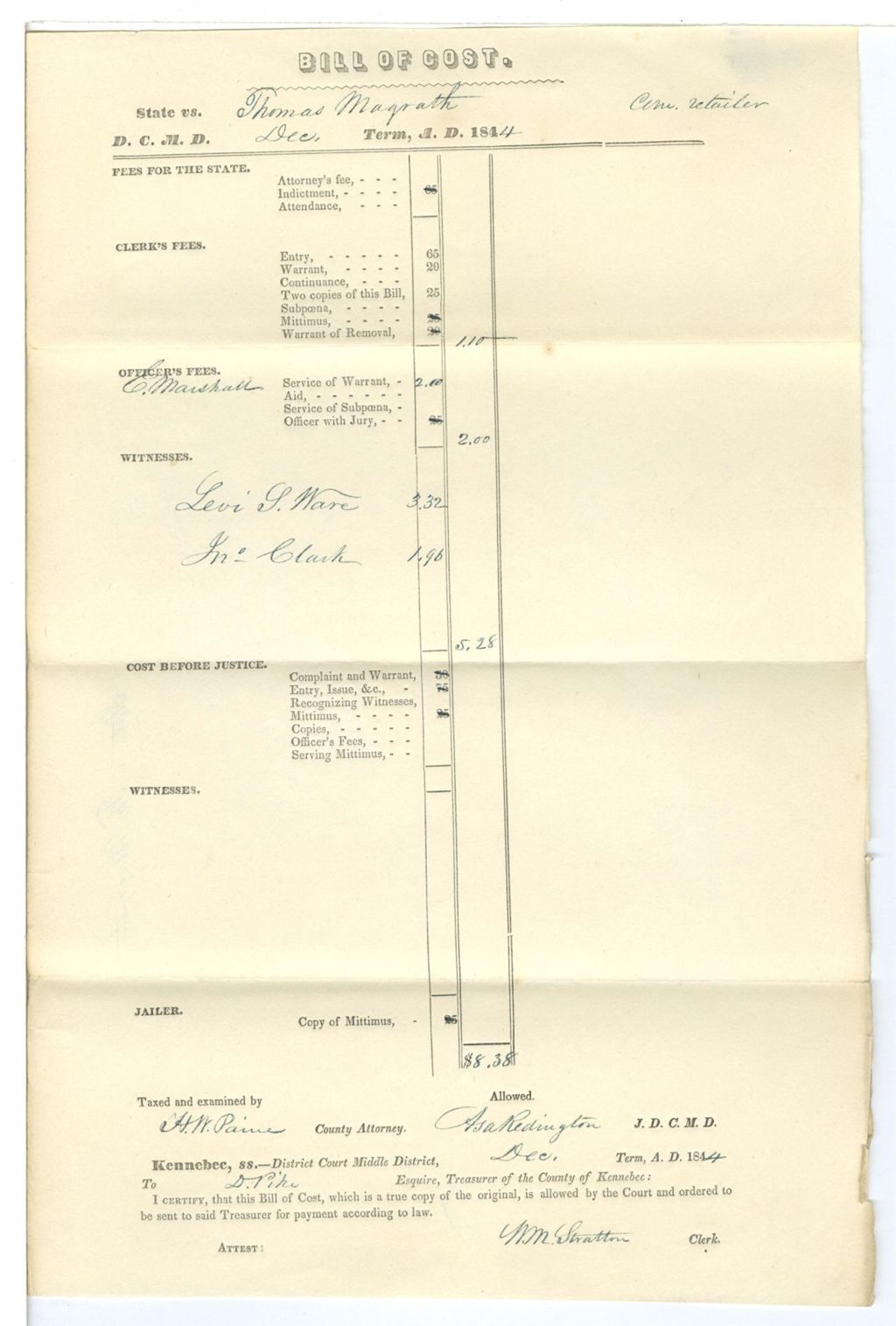 Miniature of Bill of Cost, State v. Thomas Magrath