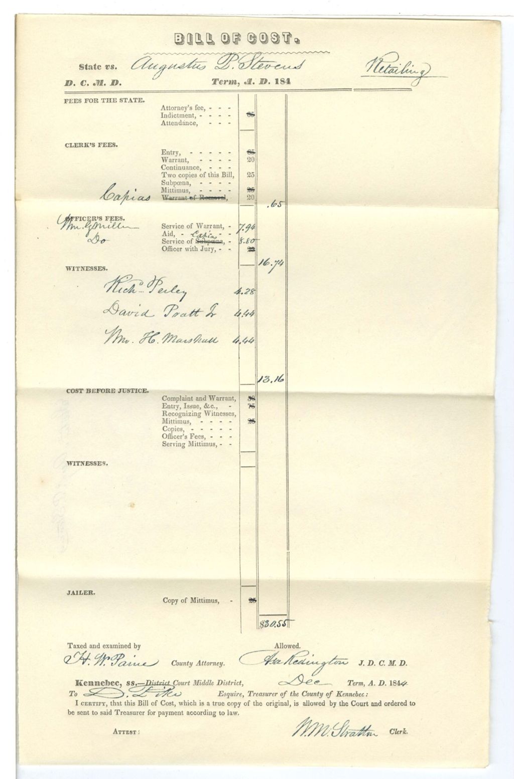 Miniature of Bill of Cost, State v. Augustus P. Stevens