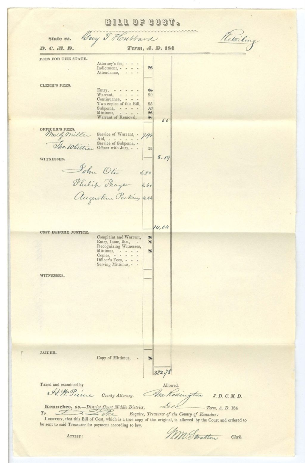 Miniature of Bill of Cost, State v. Guy T. Hubbard