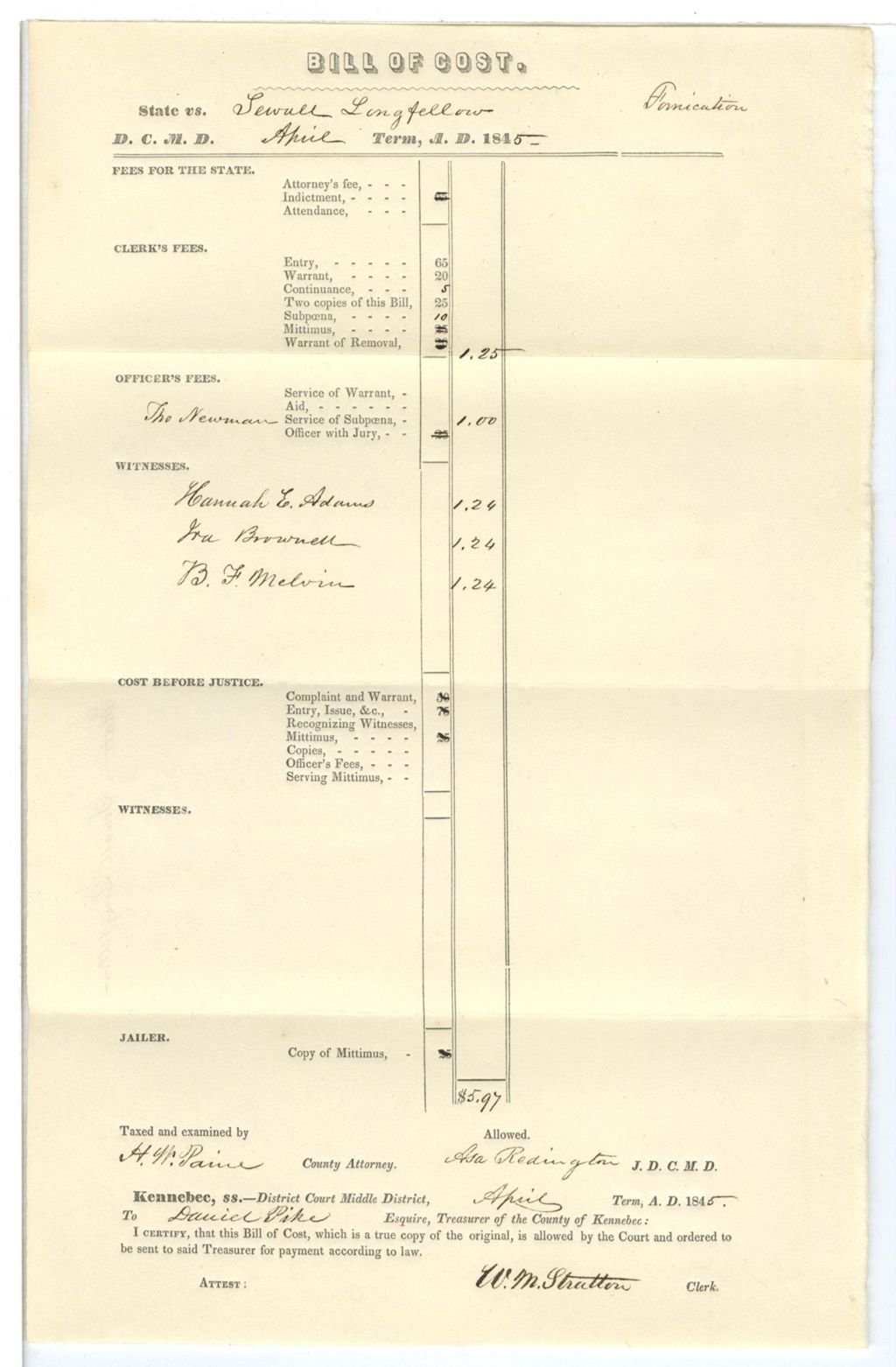 Miniature of Bill of Cost, State v. Sewall Longfellow