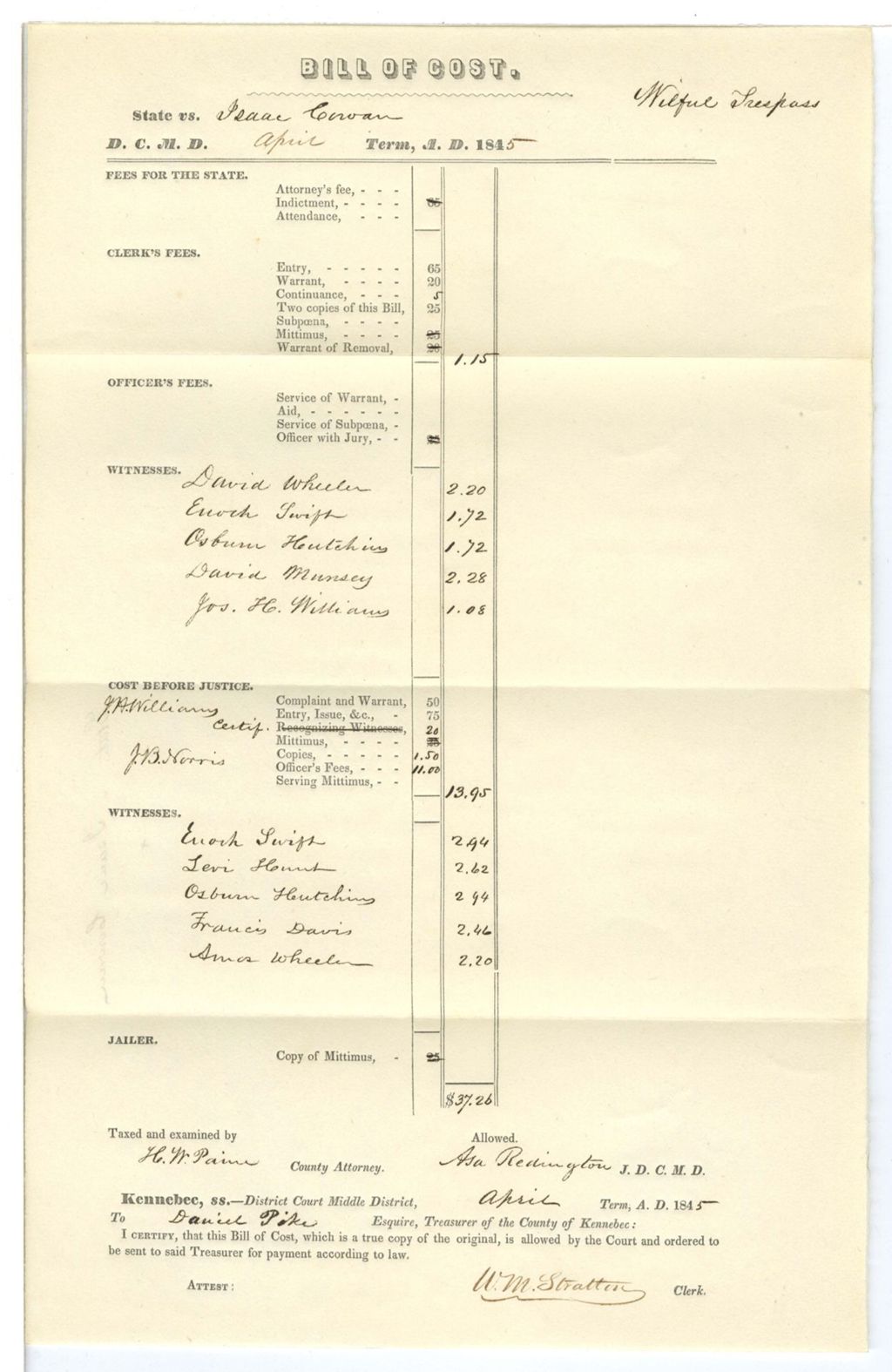 Miniature of Bill of Cost, State v. Isaac Cowan