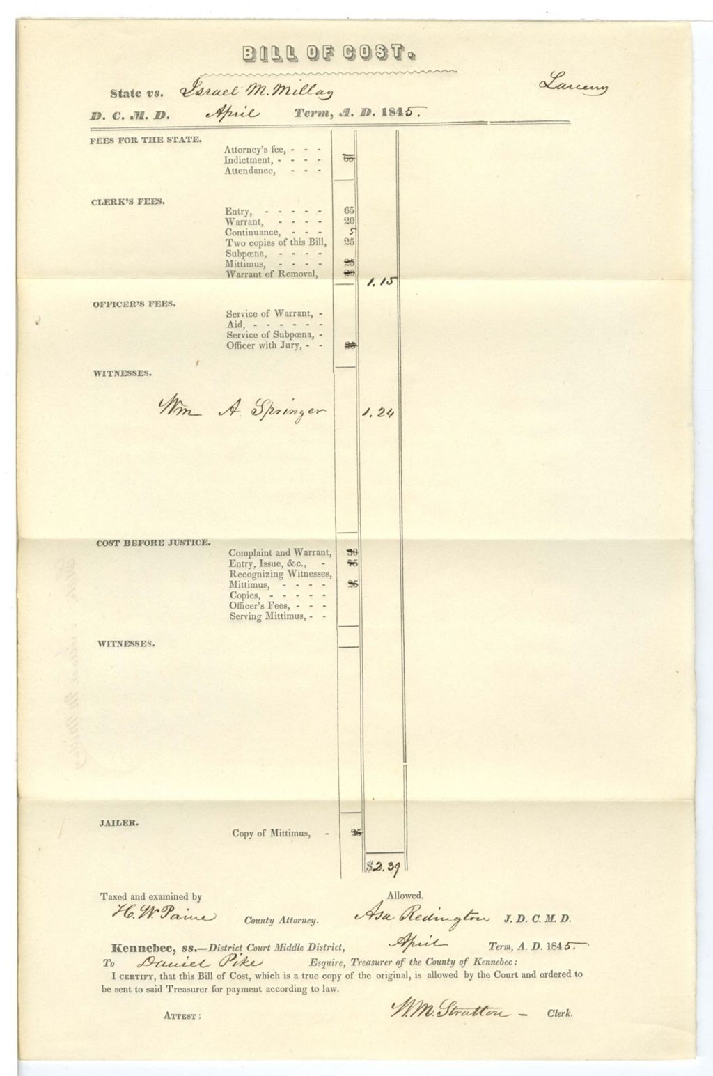 Miniature of Bill of Cost, State v. Israel M. Millay