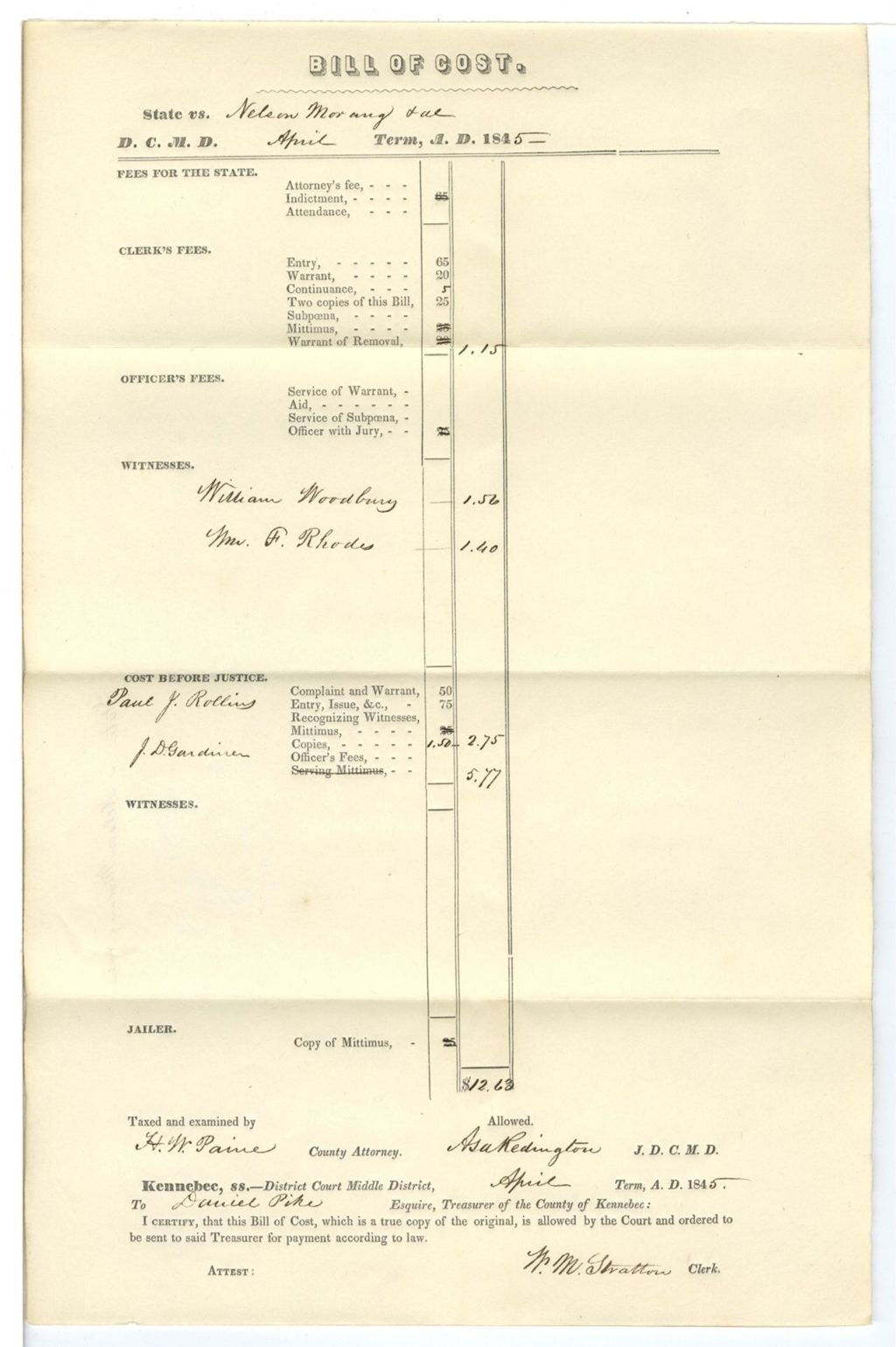 Miniature of Bill of Cost, State v. Nelson Morang et al