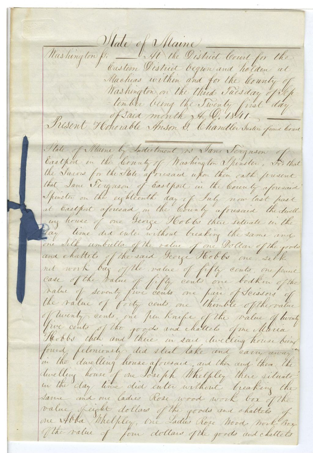 Miniature of Copy of Judgement,  State v. Jane Furgeson for larceny