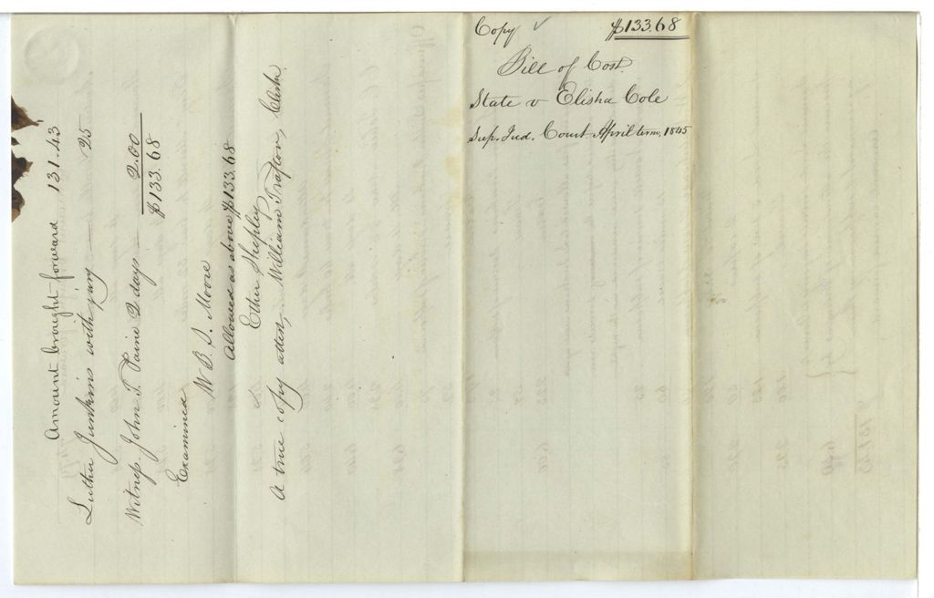 Miniature of Duplicate Bill of Cost, State v. Elisha Cole