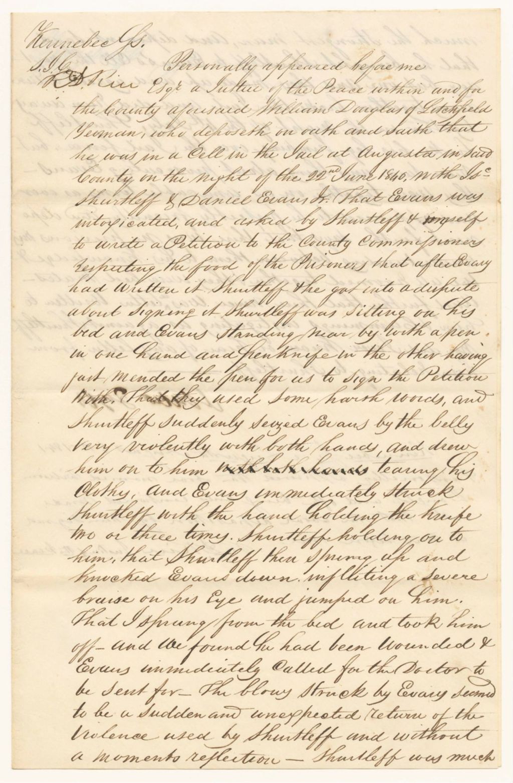 Miniature of Deposition of William Douglass, witness to Daniel Evans Jr. and Isaac Shurtleff's fight in the Jail at Augusta