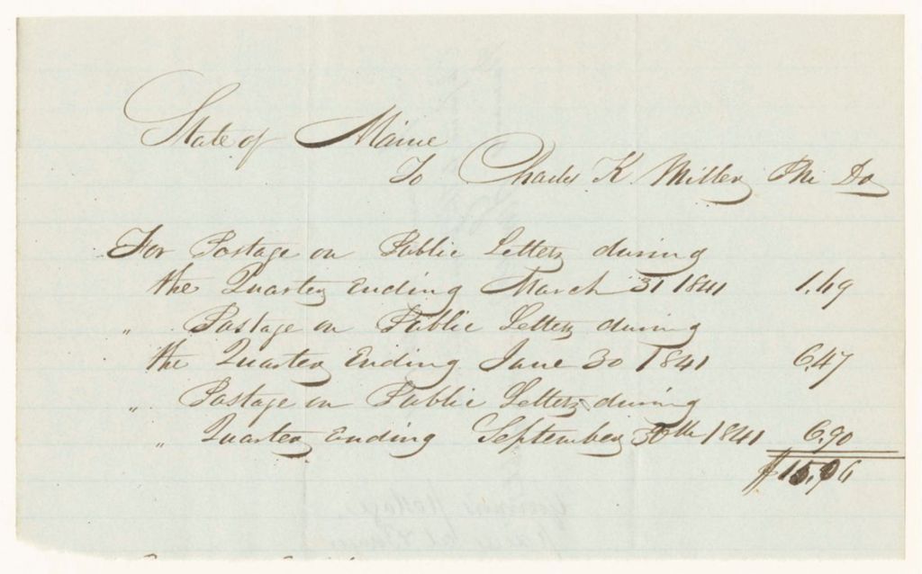 Miniature of Account of C.K. Miller, Post Master of Bangor, for Postage