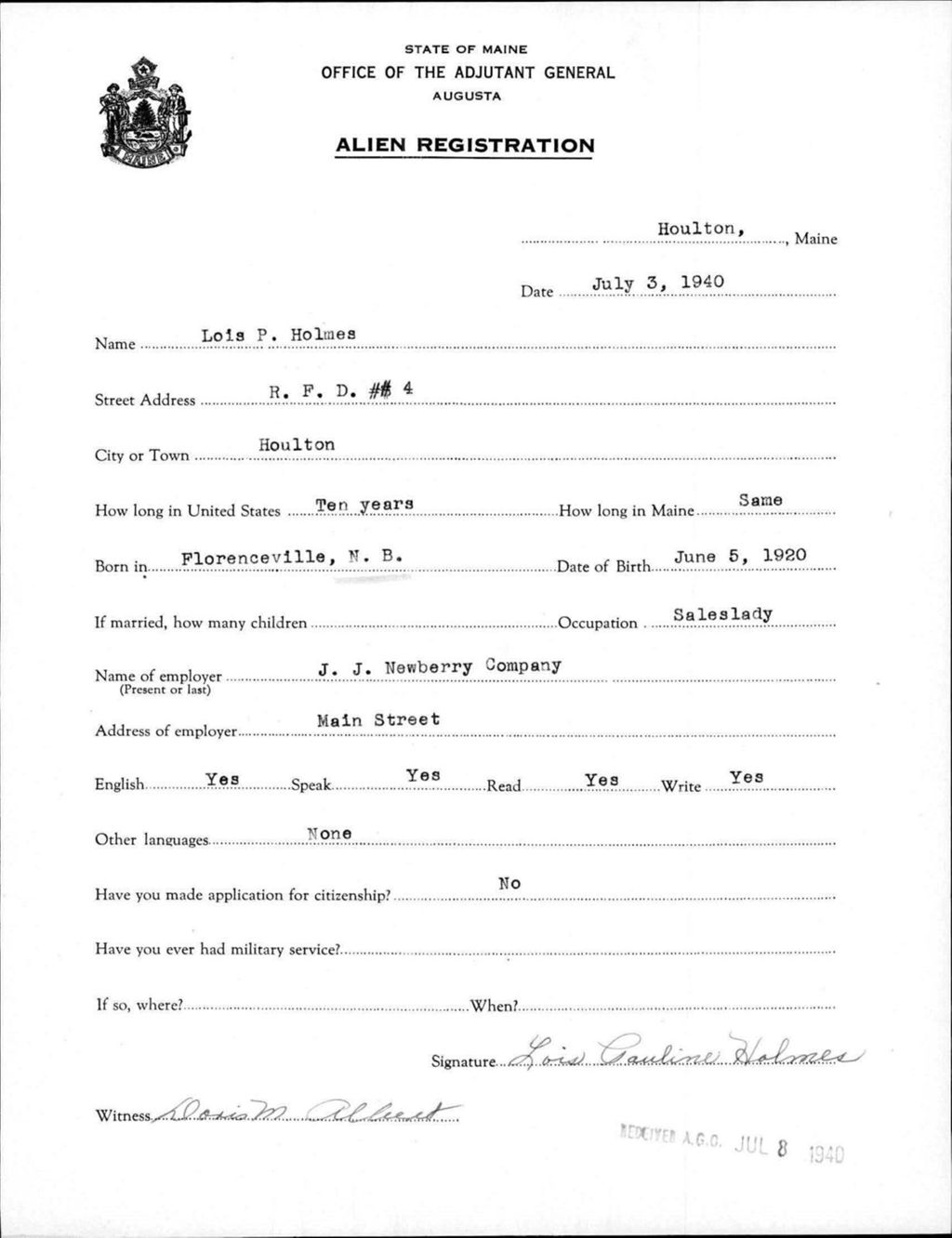 Miniature of Alien Registration- Holmes, Lois P. (Houlton, Aroostook County)