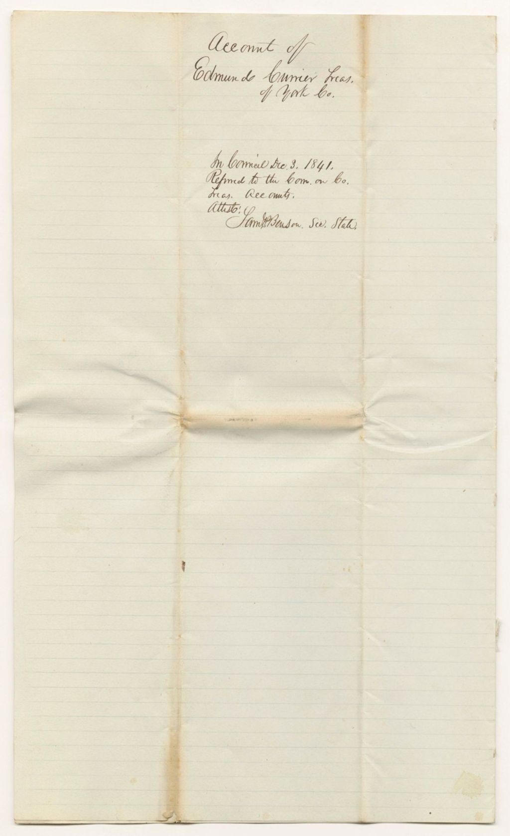 Miniature of Account of Edmund Currier, Treasurer of York County