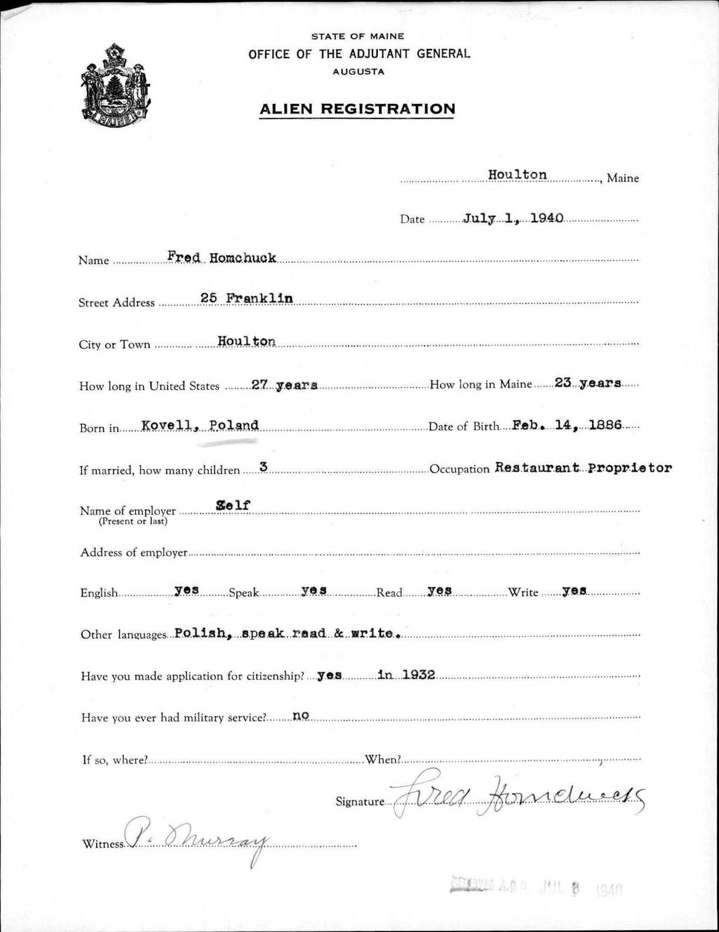 Miniature of Alien Registration- Homchuck, Fred (Houlton, Aroostook County)
