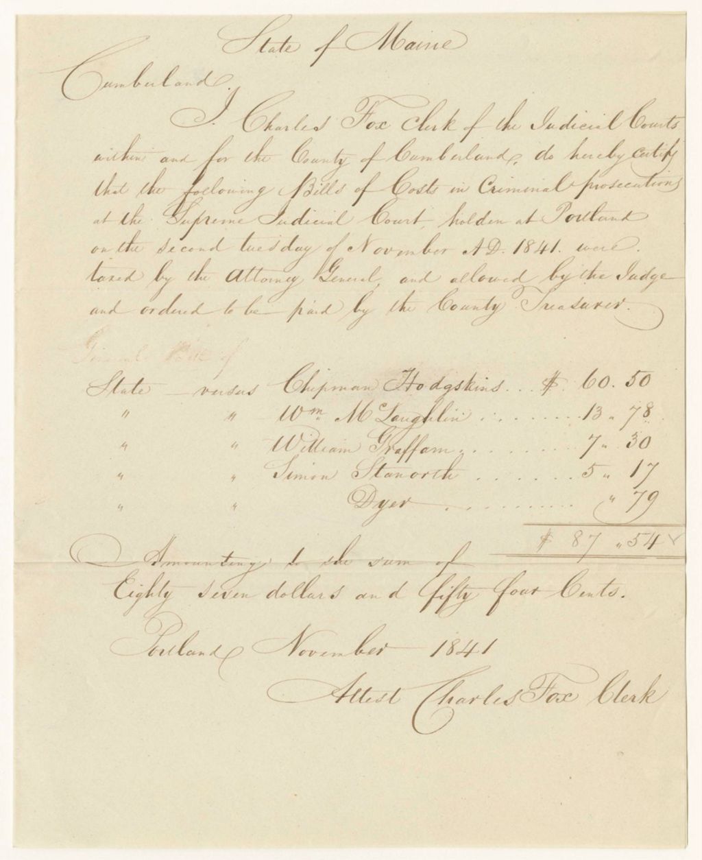 Miniature of Bills of Cost in Criminal Prosecution at the Supreme Judicial Court in Cumberland County, November Term 1841