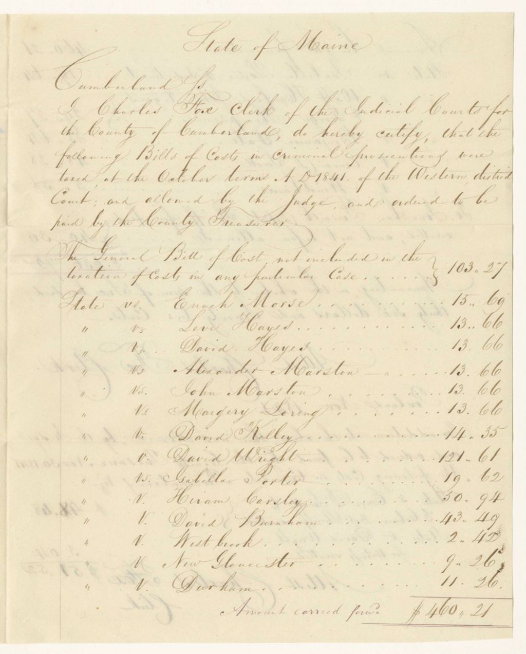 Miniature of Bills of Cost in Criminal Prosecution at the Western District Court in Cumberland County, October Term 1841