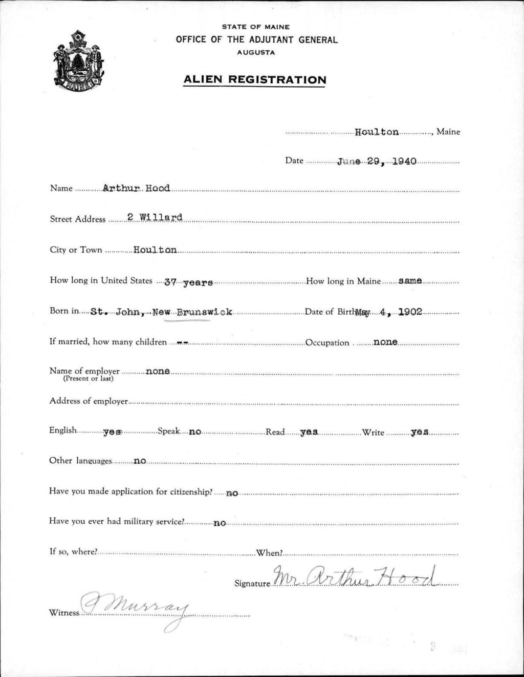 Miniature of Alien Registration- Hood, Arthur (Houlton, Aroostook County)