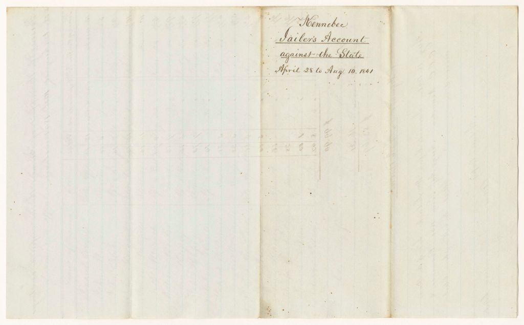 Miniature of Account exhibited by Artemas Kimball, Keeper of the Prison for the support of Prisoners therein confined on charges of crimes or offences against the State from April 28th to August 10th 1841 inclusive