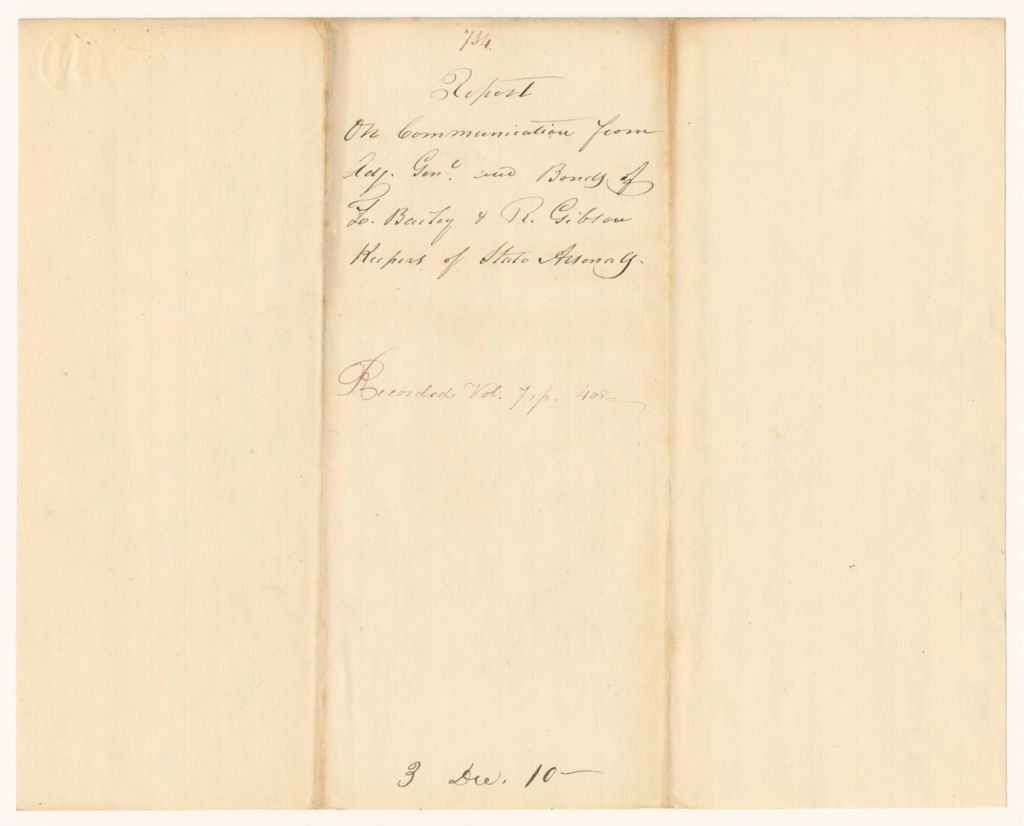 Miniature of Report 734: Report on Communication from the Adjutant General and Bonds of Lebbeus Bailey and P. Gibson, Keepers of State Arsenals