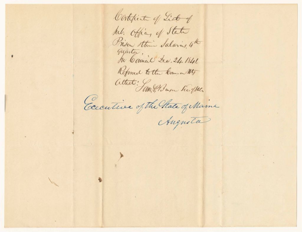 Miniature of List of Subordinate Officers of the State Prison with the sums due them on the Quarter ending December 31st 1841