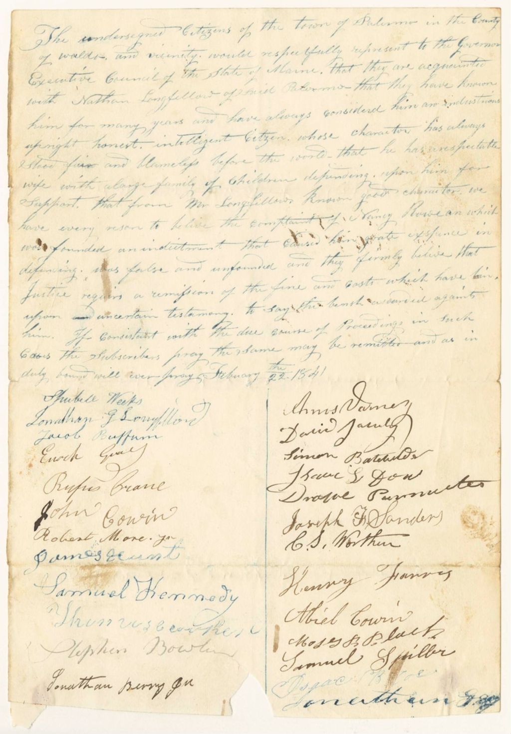 Miniature of Petition of the citizens of Palermo for the remission of Nathan Longfellow's fine and costs of persecution