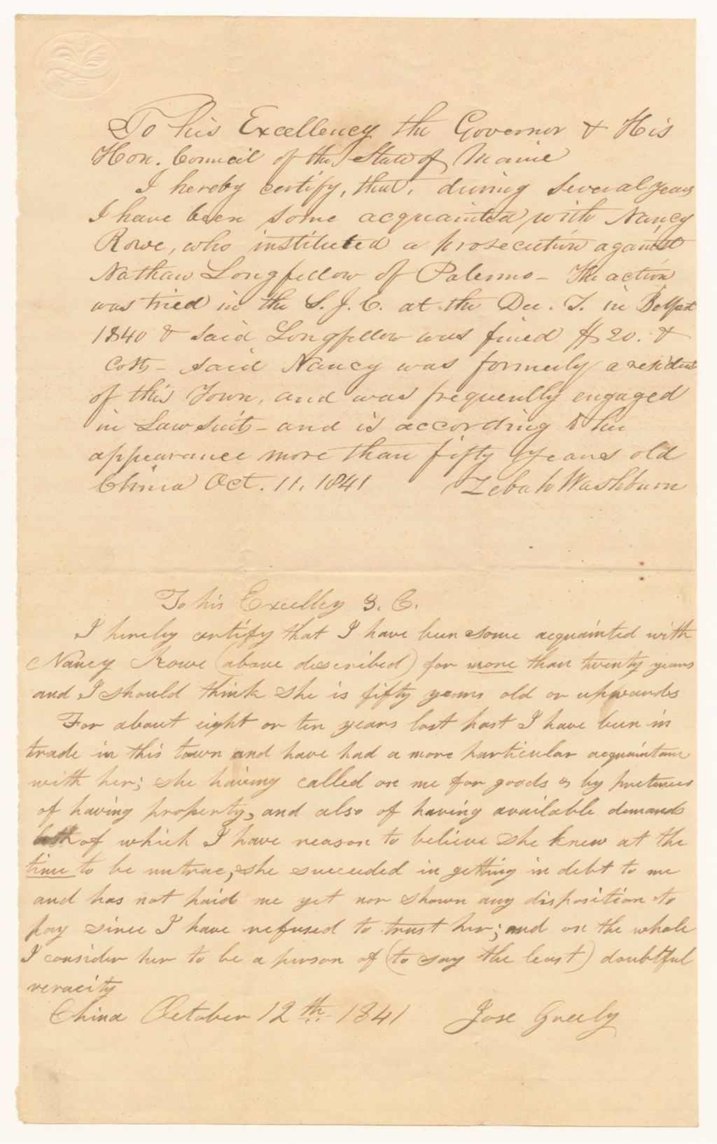 Miniature of Certificates of Zebato Washburn and Jose Graly on the character of Nancy Rowe, for the petition of Nathan Longfellow
