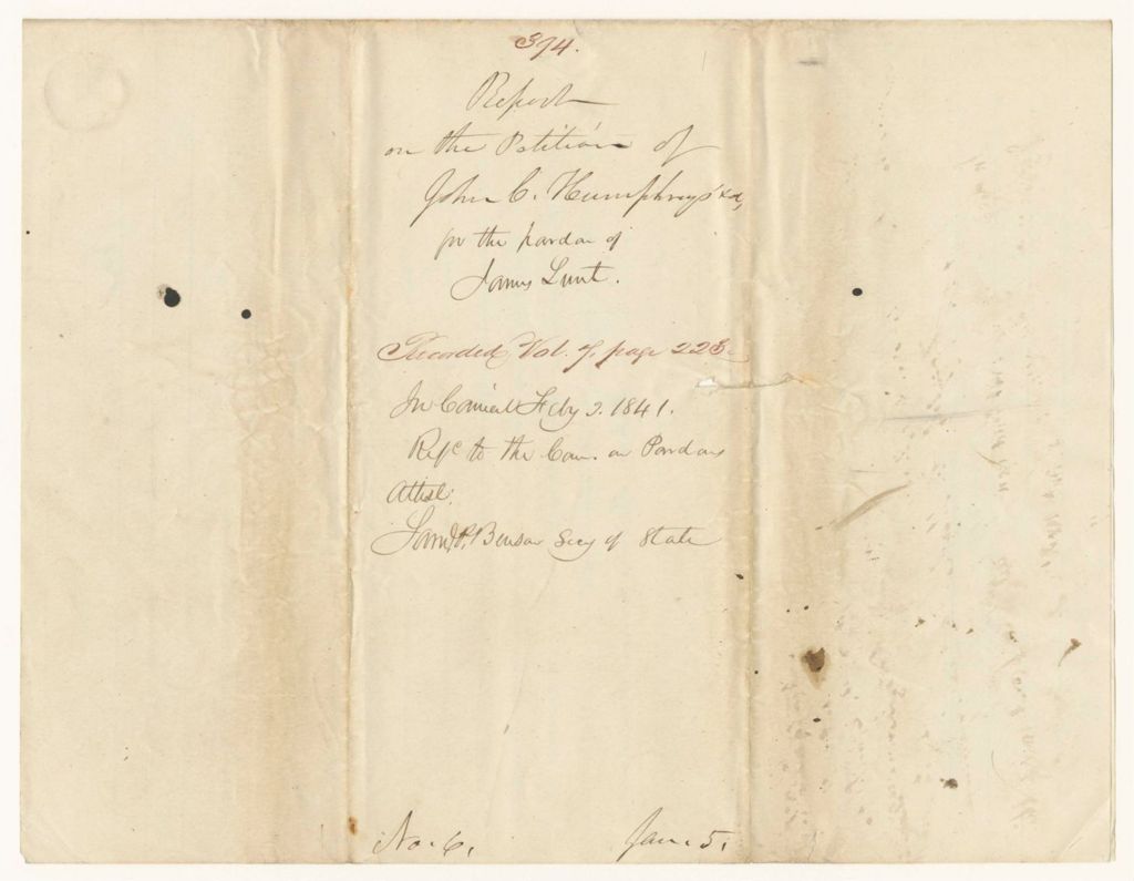 Miniature of Report 394: Report on Petition of John C. Humphrey for the Pardon of James Lunt