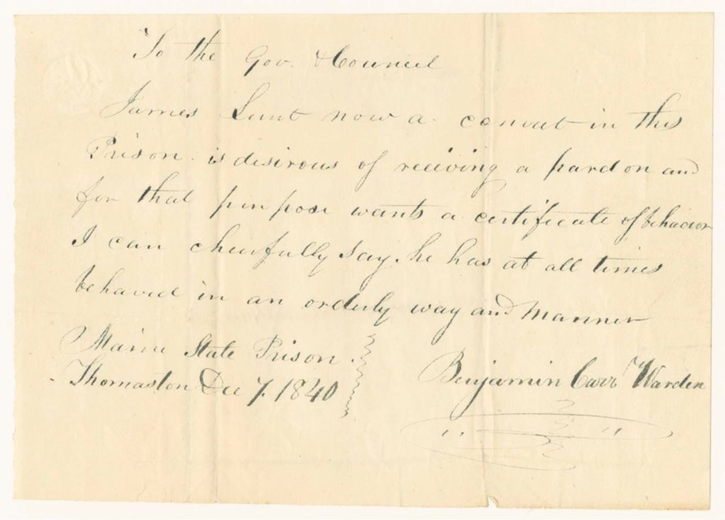Miniature of Certificate of Benjamin Carr, Warden, on the conduct of James Lunt at the State Prison