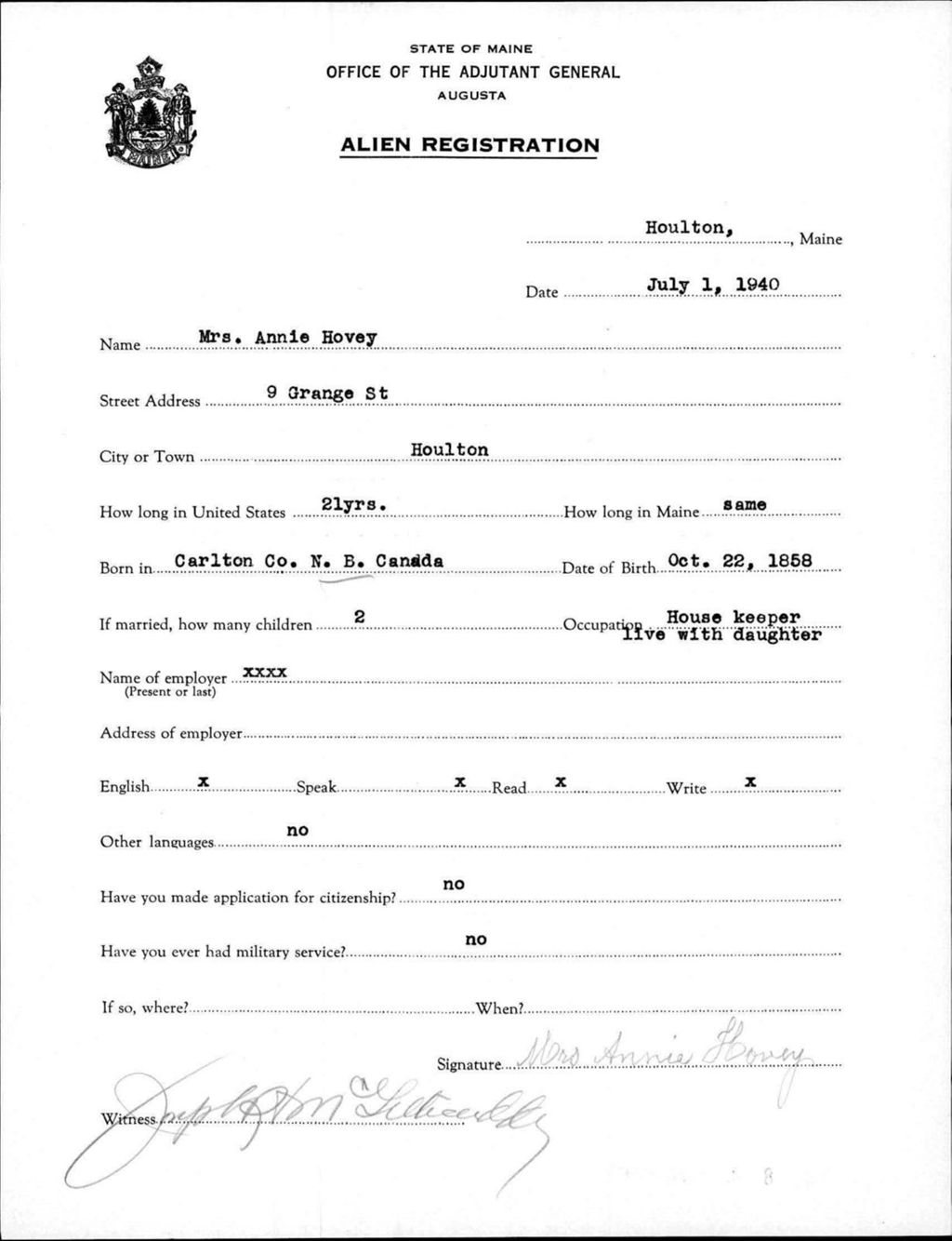 Miniature of Alien Registration- Hovey, Annie (Houlton, Aroostook County)
