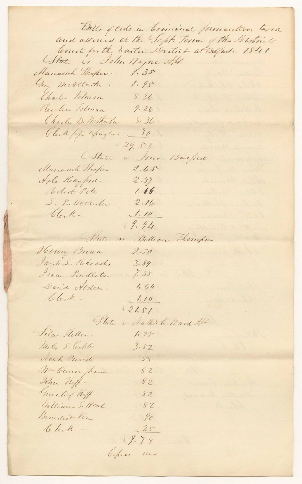 Miniature of Bills of Cost in Criminal Prosecution taxed and allowed at the September Term of the District Court for the Eastern District at Belfast, 1841