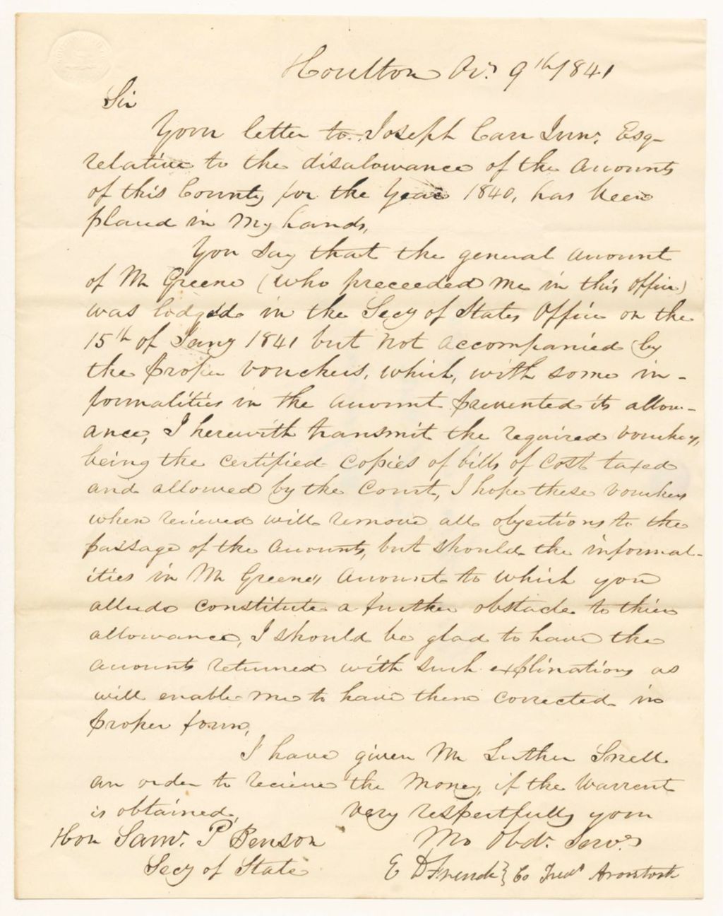 Miniature of Letter from E. French, Treasurer of Aroostook, in relation to the vouchers for Mr. Greene's account