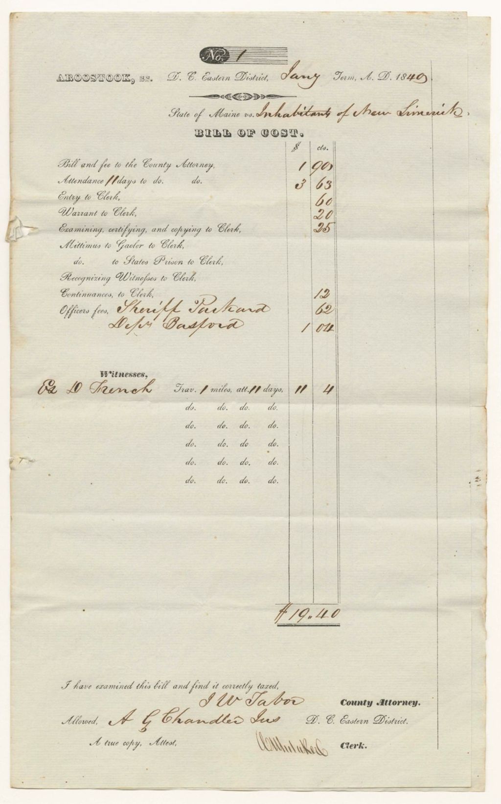 Miniature of Bills of Cost at the District Court for the Eastern District in Aroostook County, January Term 1840