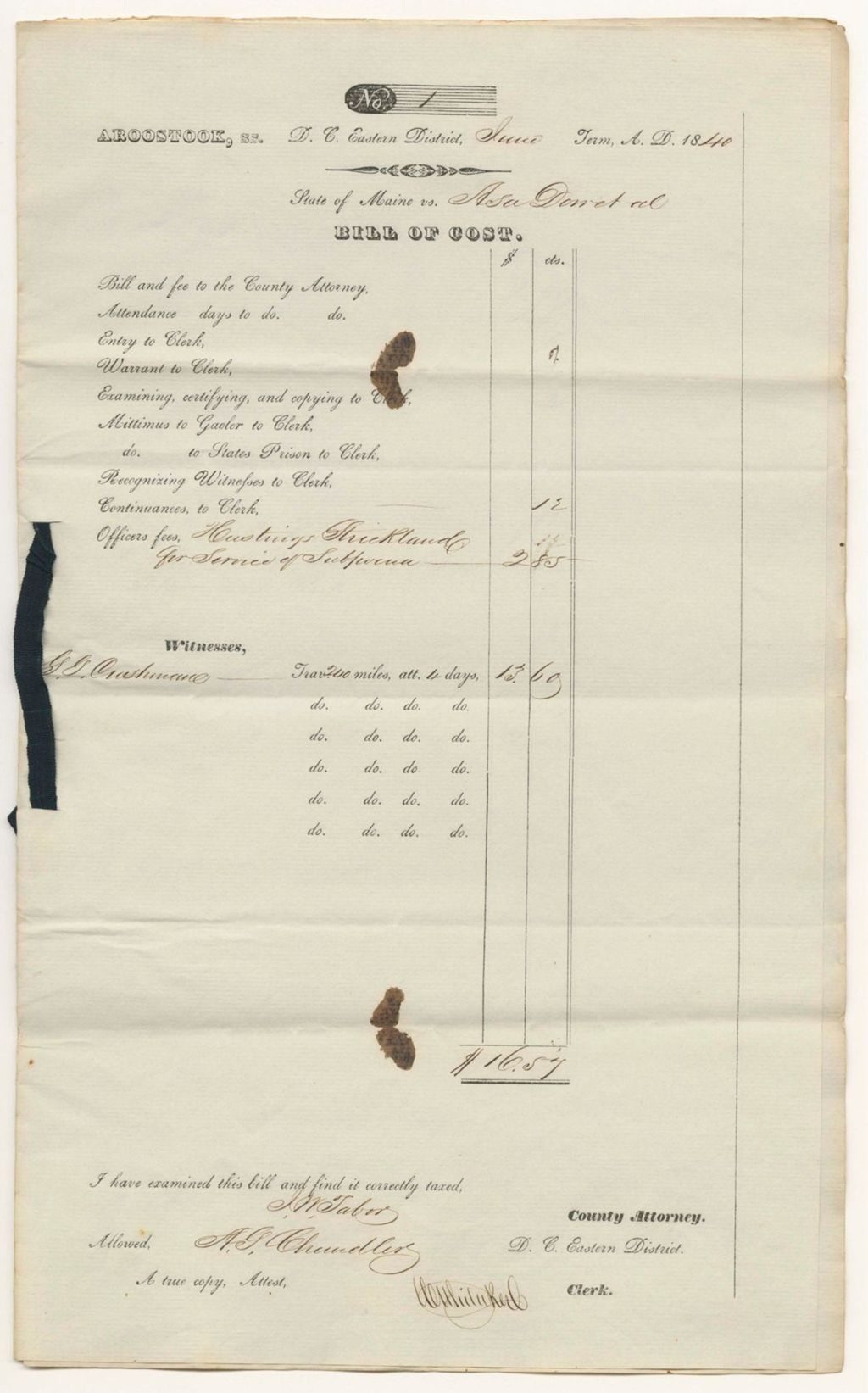 Miniature of Bills of Cost at the District Court for the Eastern District in Aroostook County, June Term 1840