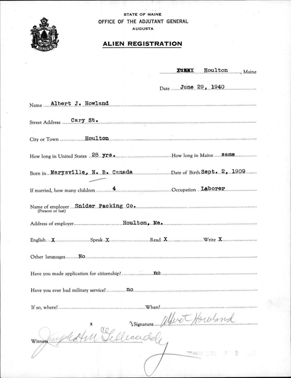 Miniature of Alien Registration- Howland, Albert J. (Houlton, Aroostook County)