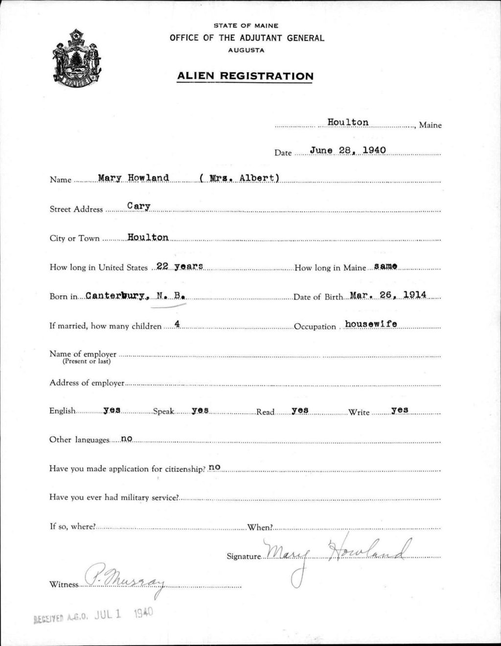 Miniature of Alien Registration- Howland, Mary (Houlton, Aroostook County)