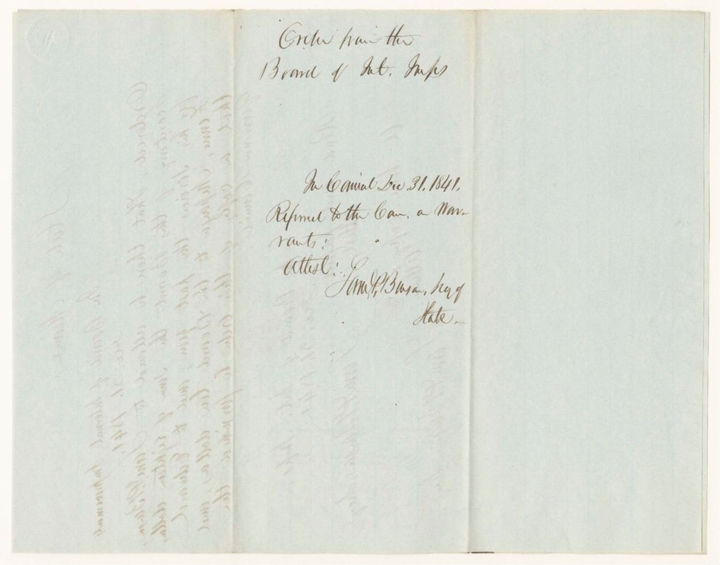 Miniature of Order to pay Samuel P. Benson and Edward Fenno for services as Secretary and Messenger of the Board of Internal Improvements