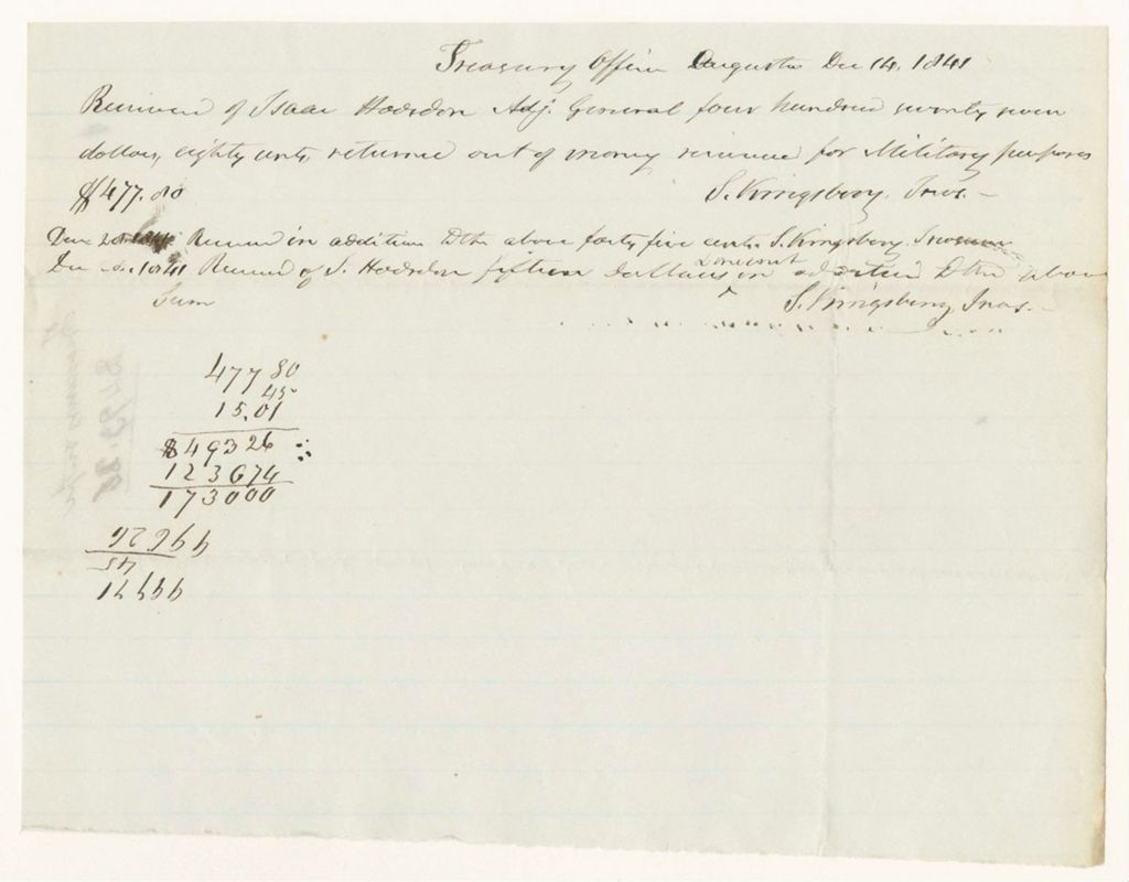 Miniature of Receipt of cash returned to the Treasury from Isaac Hodsdon, Adjutant General, out of money received for Military purposes